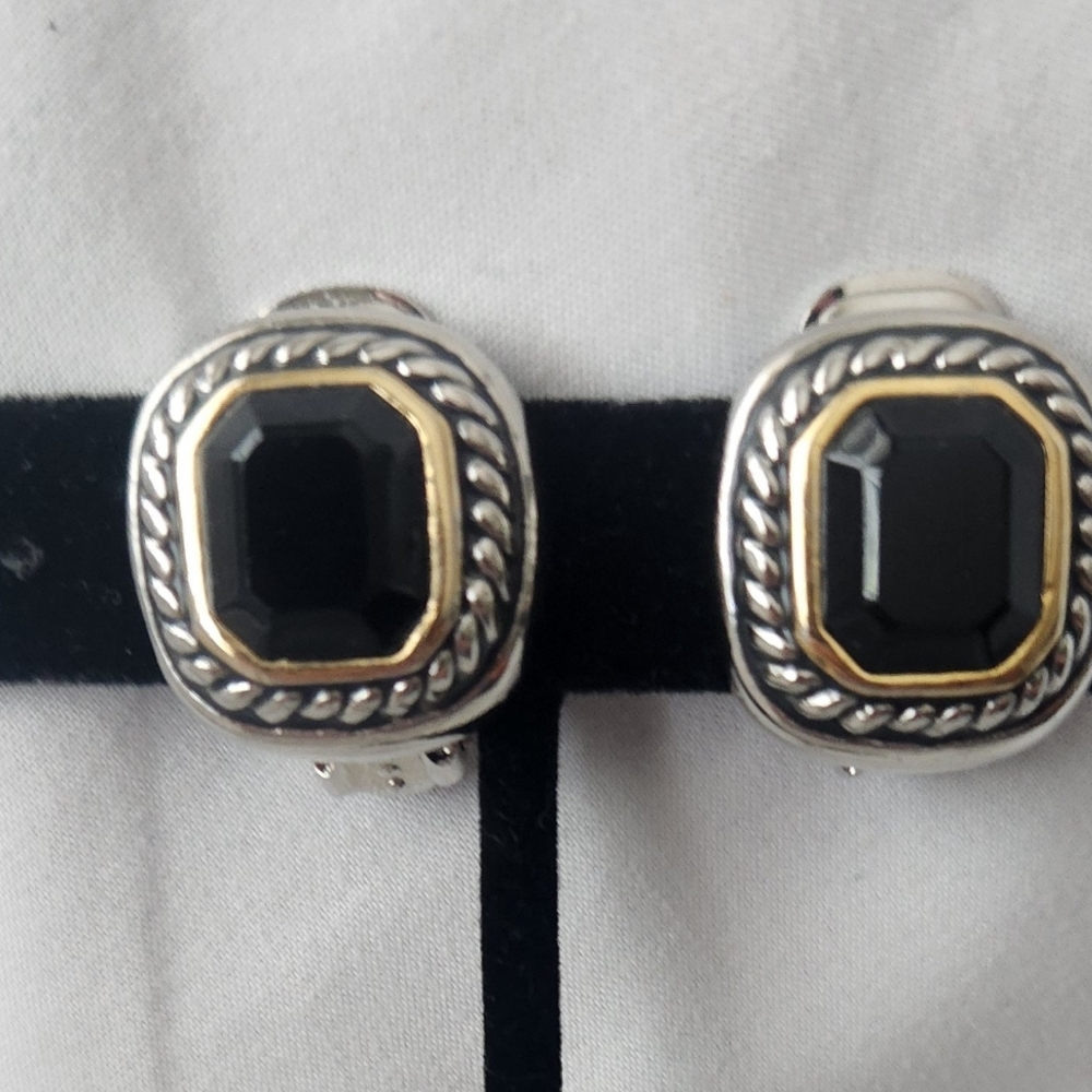 Vintage Cable Trim Earrings, Gold and Silver tones with Black Onyx